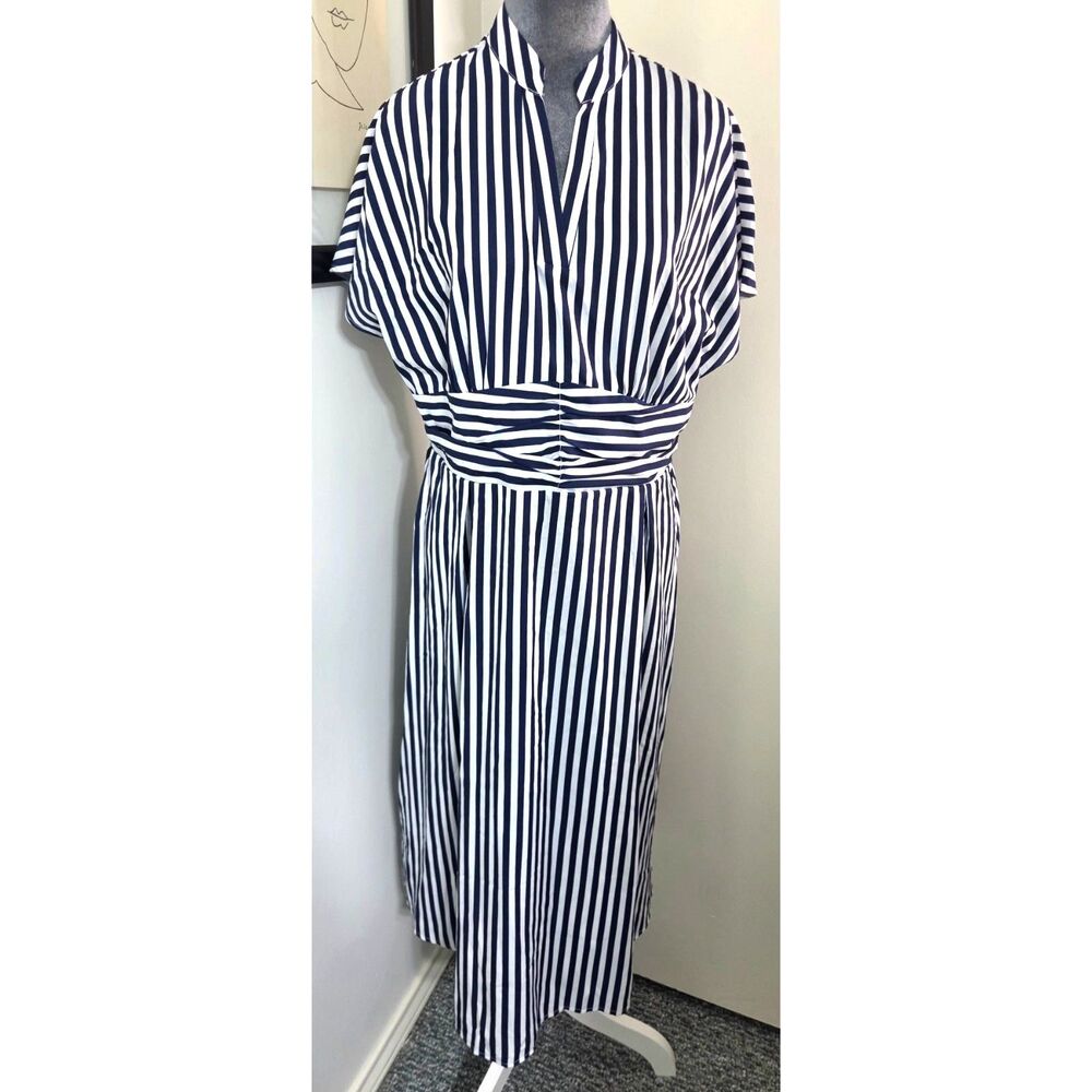 SHEIN Navy White Striped Midi Dress XL Ruched Waist Split Neck Short Sleeve